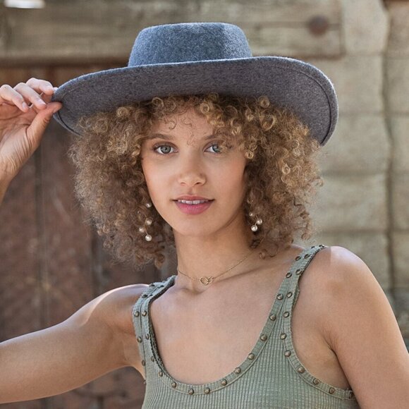 NWT POL Snakeskin Buckle Grey Wool Wide Brim Fedora Hat - Picture 3 of 6